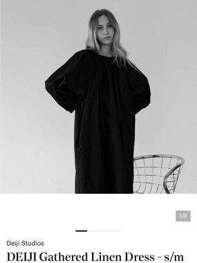ISO Deiji Studios Black Long-Sleeve Gathered Linen Dress